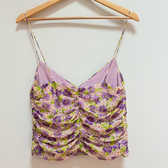 Zara Floral Rouched Cropped Spaghetti Strap Tank Top Purple/Green Size Medium - Picture 2 of 7